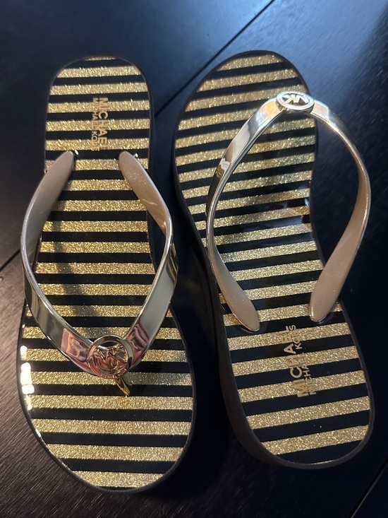 Michael Kors Shoes - Michael Kors Gold Striped Black & Gold Logo Flip Flops